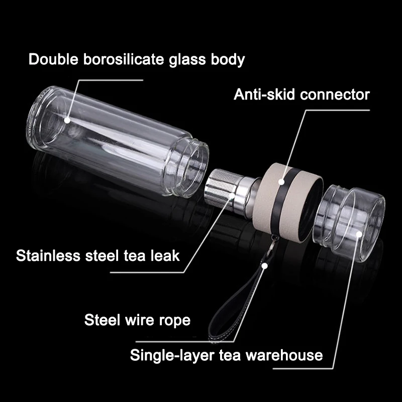 325ml Glass Water Bottles for Dink Tea with Infuser Double Wall Bottle for Water Brief Portable Outdoor Travel Beige & Black