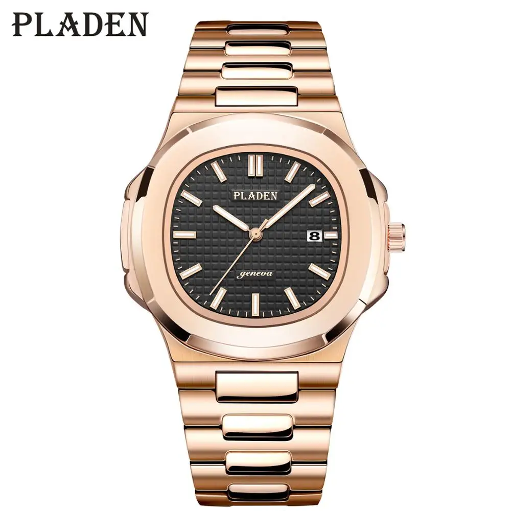 PLADEN Mens Watches Top Brand Luxury Black Bling Watch Men Rose Gold Classic Japan Quartz Movment Canlendar Male Wrist Watch