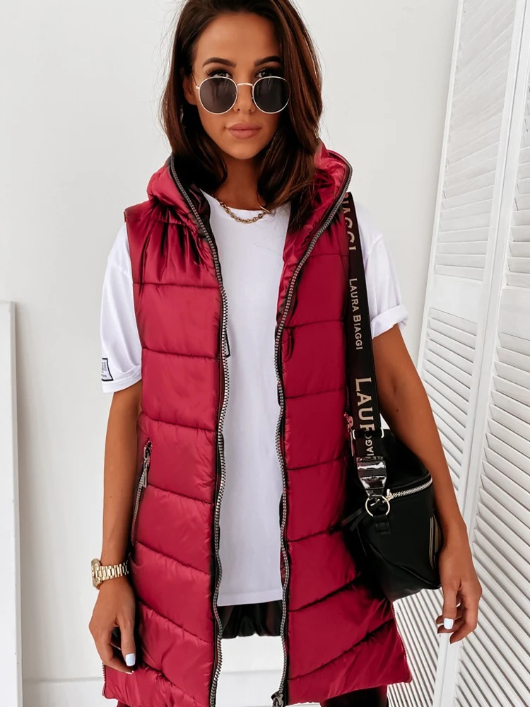 Sleeveless Vest Hooded Jacket Women Quilted Puffer Coat Cotton Padded Waistcoat Casual Streetwear Fashion Zipper Pocket Jacket