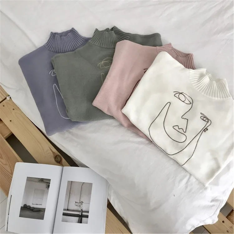 Character Embroidered Sweater Woman High Collar Long Sleeve Knit Wool Pullover Spring and Autumn 2019
