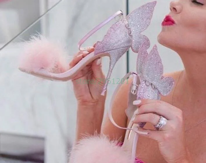 Rhinestone Colorful Butterfly Wings High Heel Sandals Pink Fur Stiletto Jeweled High Heels Sexy Stage Pumps Wedding Shoes