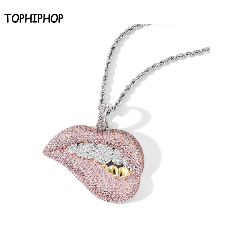 

TOPHIPHOP Hiphop Jewelry Sexy Pink Lip Pendant Necklace Men's Rock Style Ice Out CZ Charm Fashion Jewelry