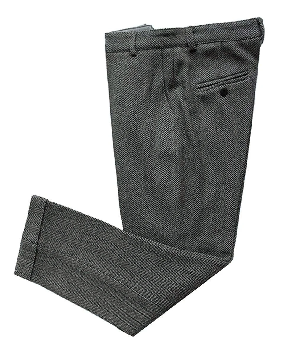 Pantalones grises de lana Tweed para hombre, pantalones de negocios de espiga de ajuste regular, traje para novio de boda, ocio, algodón