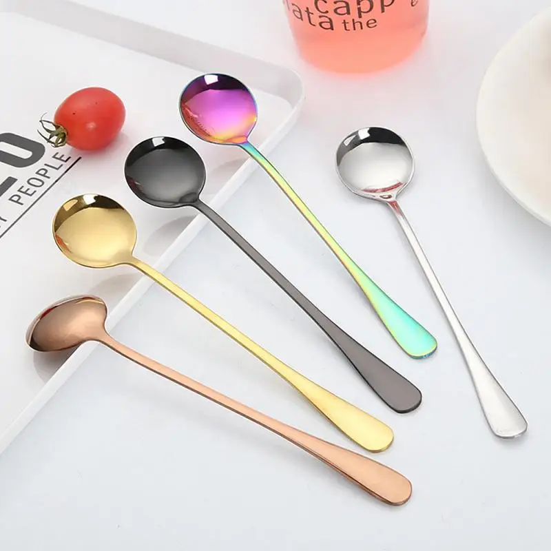 Long Spoons Coffee Salad Spoon Long Handle Round Spoons Dessert Stainless Steel Vintage Teaspoons  For Soup Cooking Mixing Stirr