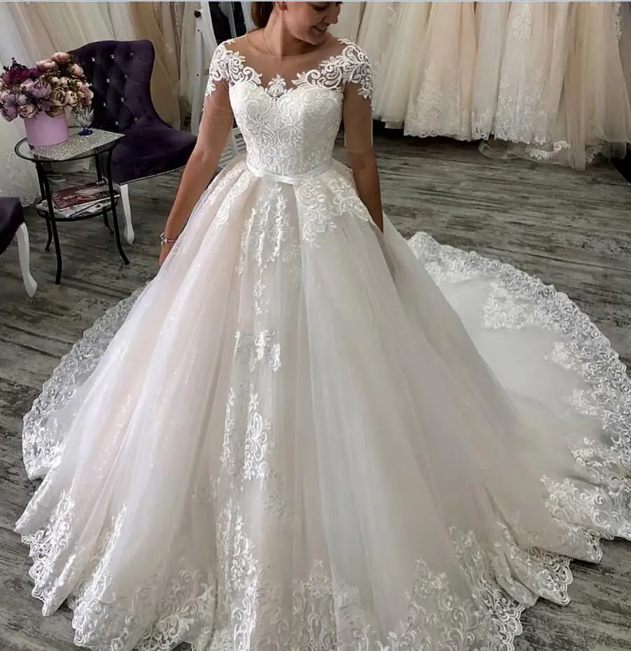 

White Wedding Dresses Latest Sheer Neck A-line Half Sleeve Lace Tulle Zipper Back Custom Made Bridal Gowns