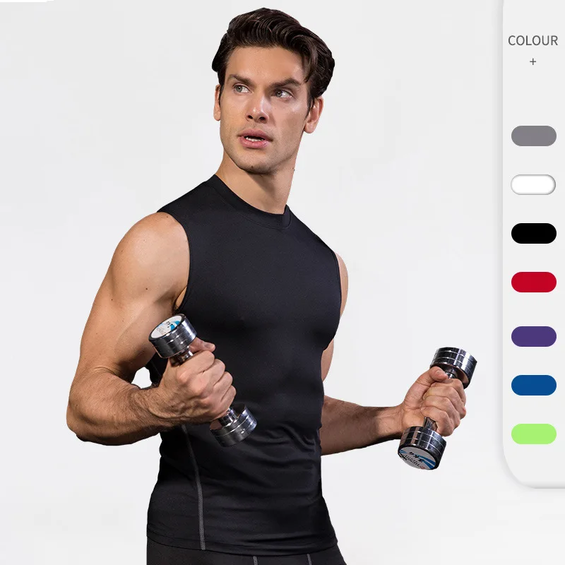 Men's Fitness Sleeveless Round Neck Vest, Quick-Dry Sports Vest, Breathable Stretch Tight T-Shirt, Surf Beach Swimsuit, 2024