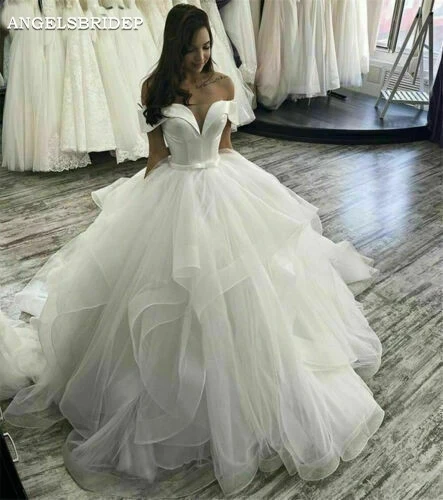 

Angelsbridep V-neck Ball Gown Wedding Dresses Off Shoulder Sleeves Tulle Bohemian Robe De Mariee Ruffle Bride Dresses Plus Size