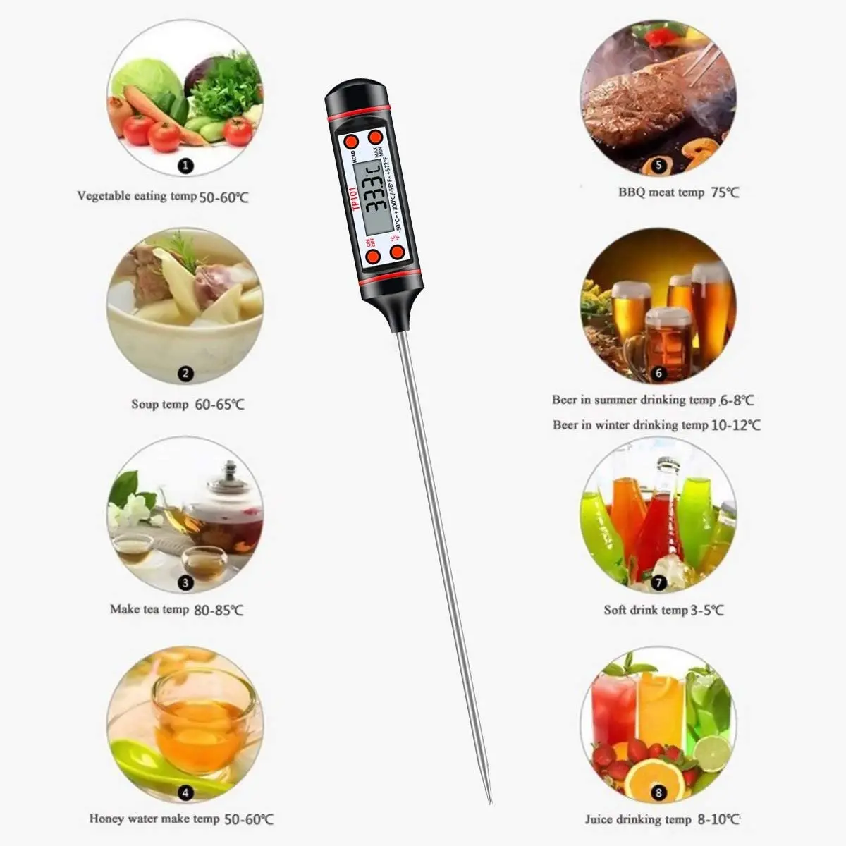 Accurate Food Cooking Thermometer Long Probe Digital Instant Read Meat Thermometer for Grilling Smoker BBQ Kitchen Thermometer