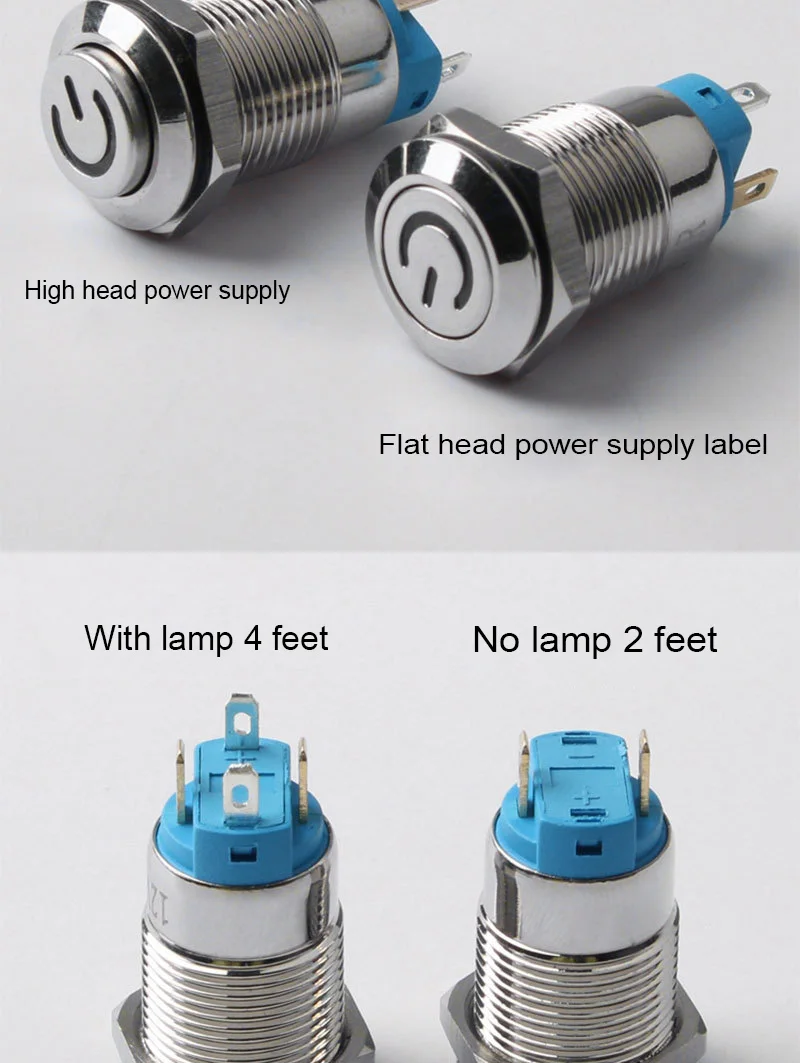 2pcs/lot 12mm hole spacing Metal Push Button Switch With Light Flat/High Head Waterproof Self-Locking  Normal Open Pin Terminal