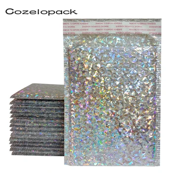 50pcs Holographic Metallic Bubble Mailers Glamour Colorful Silver Tones Foil Pillow Wedding Bags Padded Shipping Envelopes