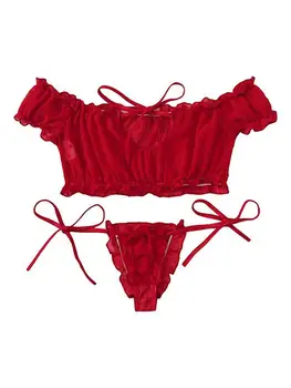 Conjunto de sujetador de malla Sexy para mujer, ropa interior con volantes y hombros descubiertos, Bralette transparente sin aros con lunares, Tanga íntima, novedad