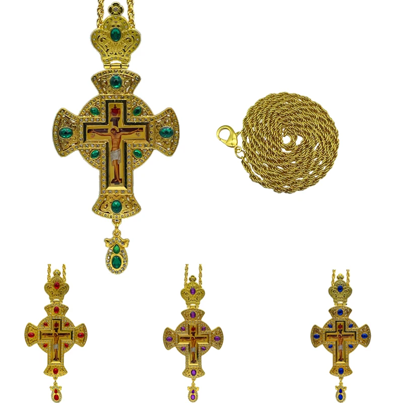 

Orthodox Cross Pectoral Cross Orthodox Jesus Crucifix Pendants Rhinestones Cross Chain Gold Religious Jewelry церковная утварь