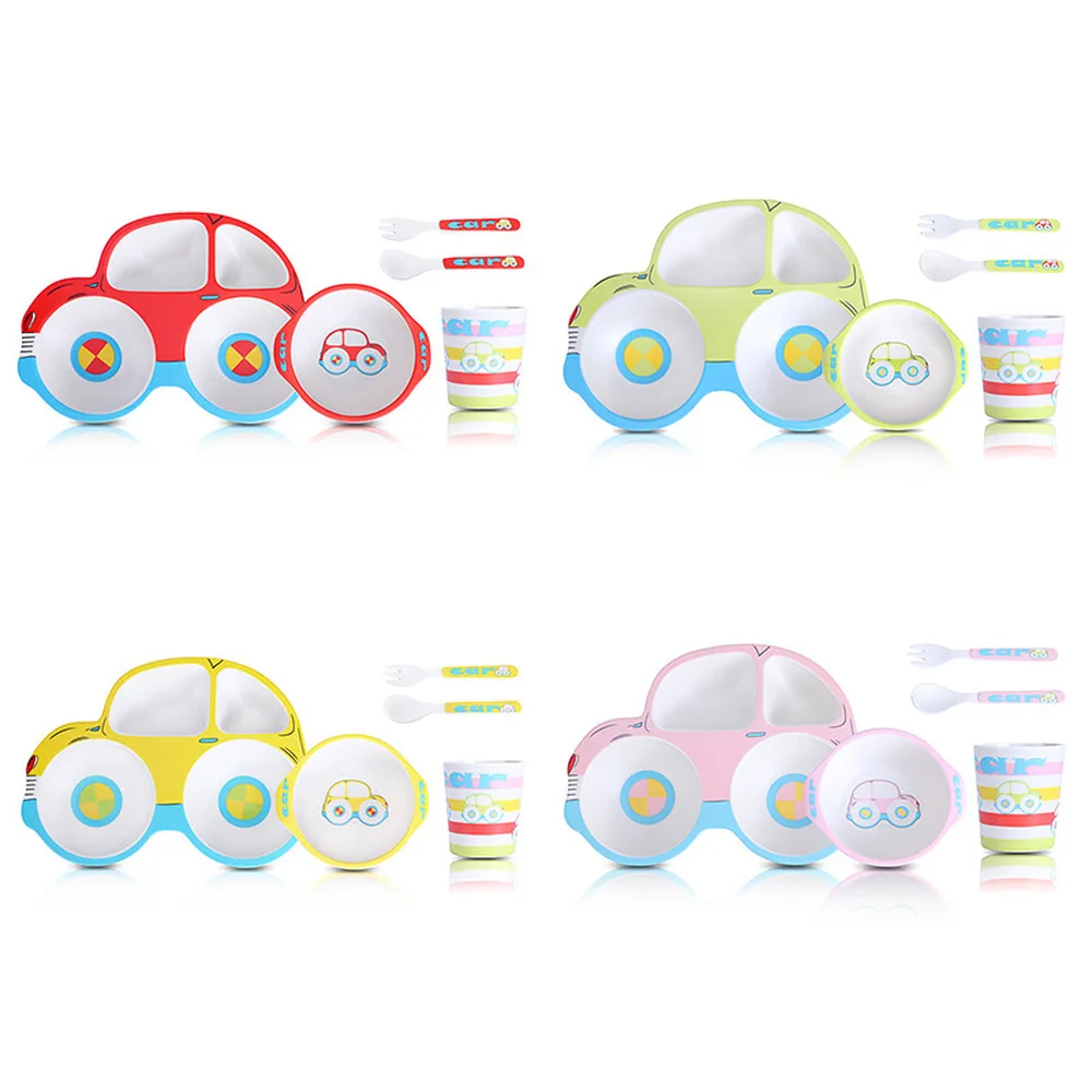 

5 Pcs Creative Carton Car Bamboo Fiber Kids Baby Children Boy Girl Food Solid Feeding Dinnerware Set Plate Bowl Cup Fork Spoon