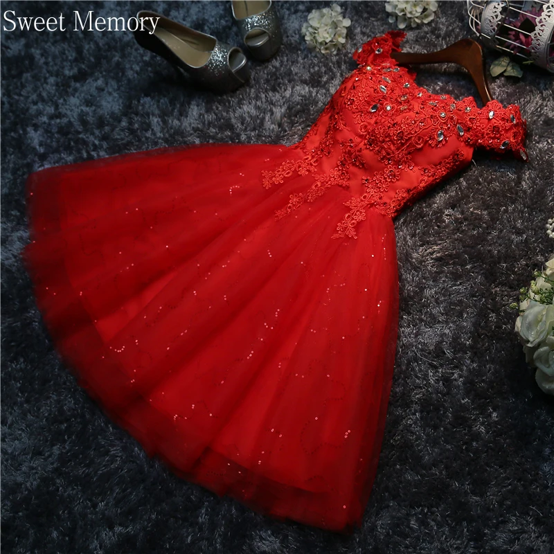 Boat Neck White Red Wedding Dresses Princess Banquet Party Performance Prom Dress Sexy Women Girl Short Formal Gown Tulle