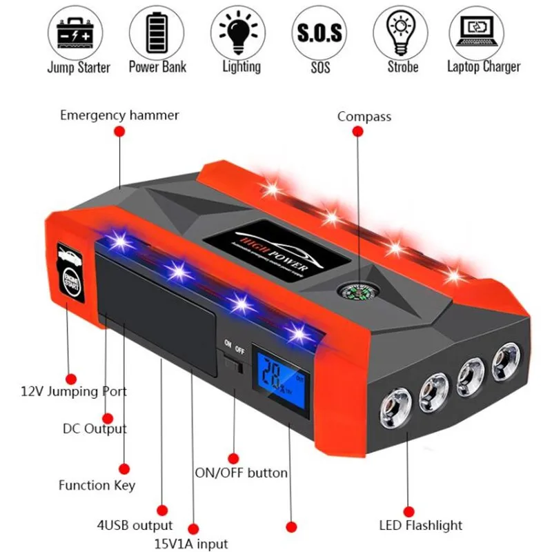 Car Jump Starter Multifunction Emergency 89800mAh 4USB Charger Battery Power Bank Pack Booster 12V Starting Device Waterproof