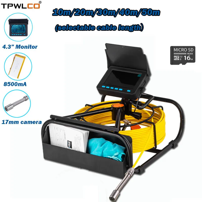 

Водонепроницаемая система камер для осмотра канализации 4,3 дюйма с функцией DVR, кабель 10-50 м, головка камеры 17 мм промышленная камера-эндоскоп