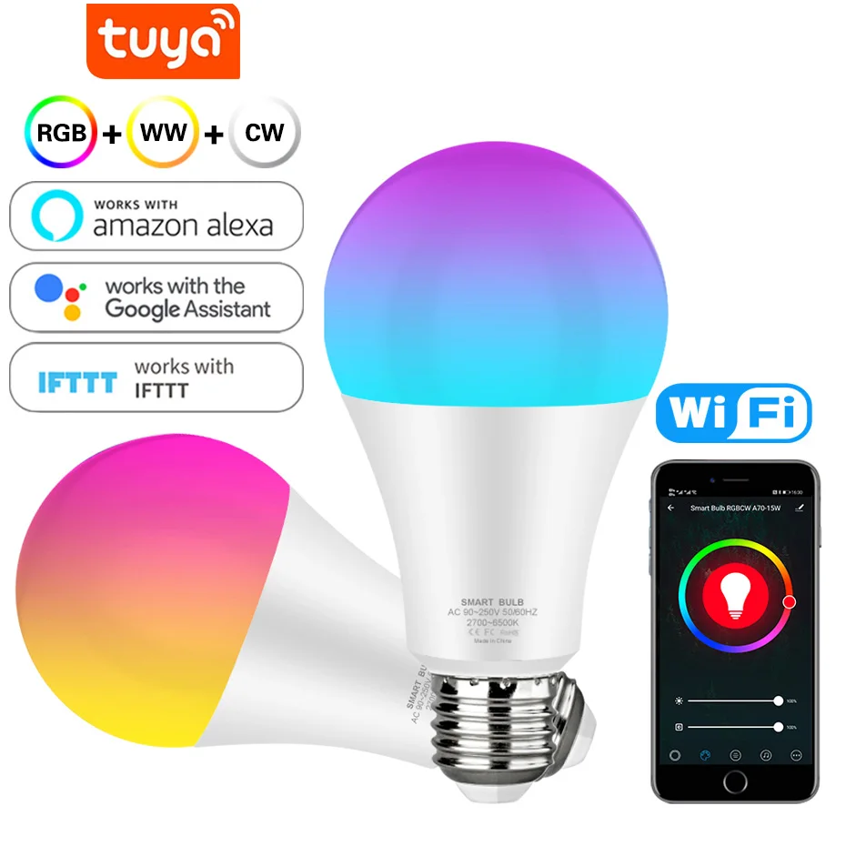 

12W 15W Wifi Tuya Smart Light Bulb E27 RGB LED Lamp Dimmable AC110V 220V Voice Control Compatible With Google Home Amazon Alexa