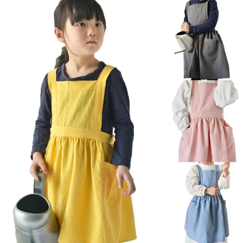 New Kids Full Apron with Pockets Bib Craft Kitchen Chef Cooking Art Children Youth Home Use Solid Sleeveless Pocket 2020