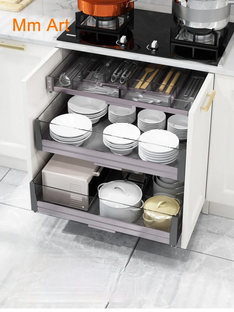 

Cookware Drawer Basket of Dishes Tempered Glass Storage Flat Basket Buffer Drawer Tool Cart