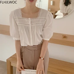 Chic Lolita Style Sweet Girls Women Hollow Out White Lace Square Neck Tops Blusas Button White Shirts