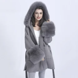 MISSJANEFUR-abrigo de lana de Cachemira para mujer, de piel Real chaqueta con capucha, puño cálido, gabardina larga con cinturón de lujo, invierno, 2023