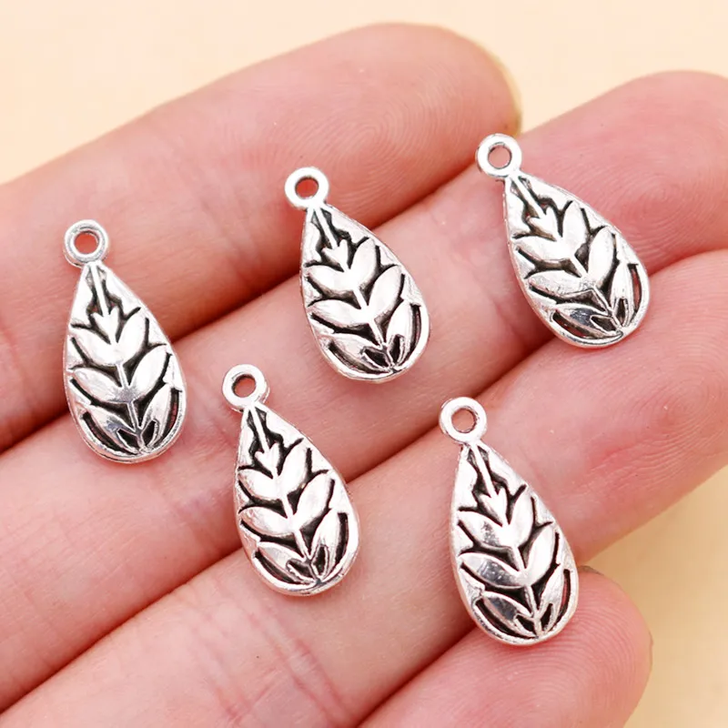 3D Plant Metal Pendant, Fir Tree Charms, Water Drop Charms, Ancient Plant Fossil Charms, 18*9mm A478 Silver Plated 20pcs