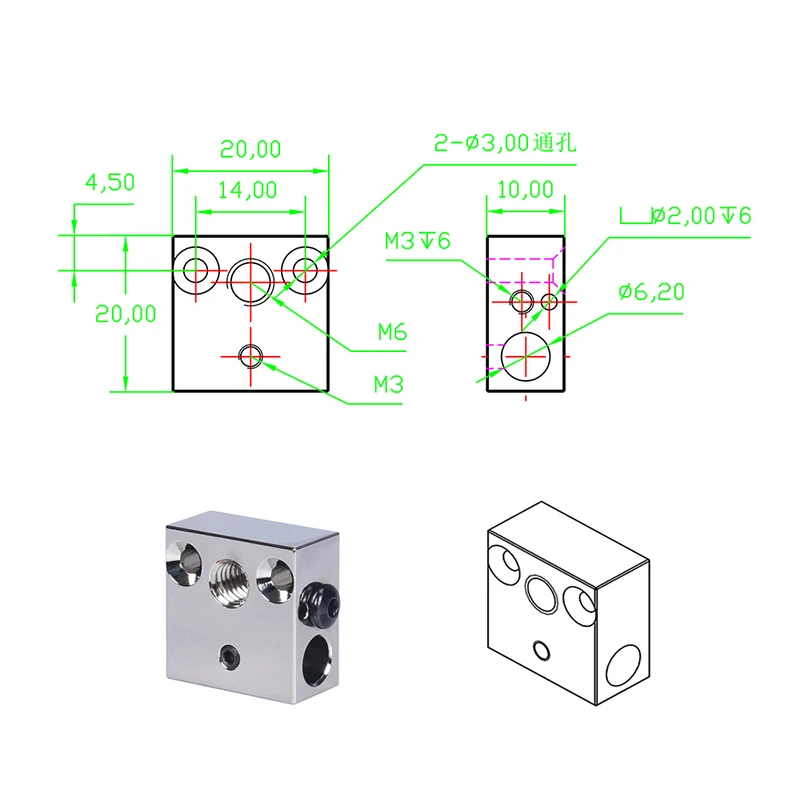 Extrusora de boquilla de latón MK8, cabezales de impresión M6, calentador de garganta de 30mm, bloque de calefacción Hotend para impresora 3D