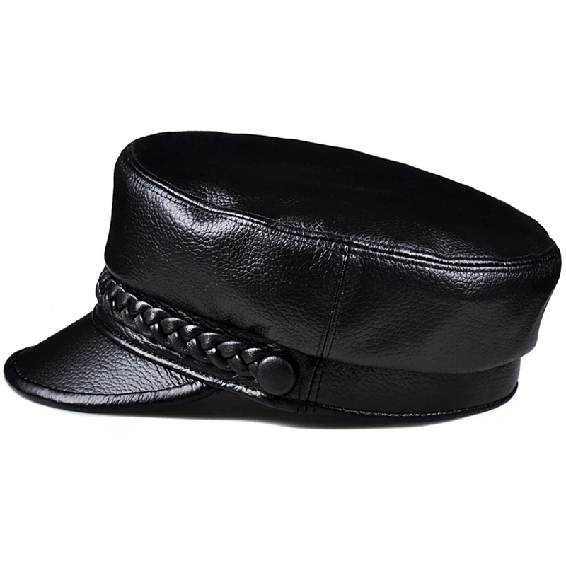 Spring Unisex Genuine Leather Flat Top Baseball Caps For Men Women Hat Punk Rock Rivet Golden Chain Casquette Army Navy Caps Fit