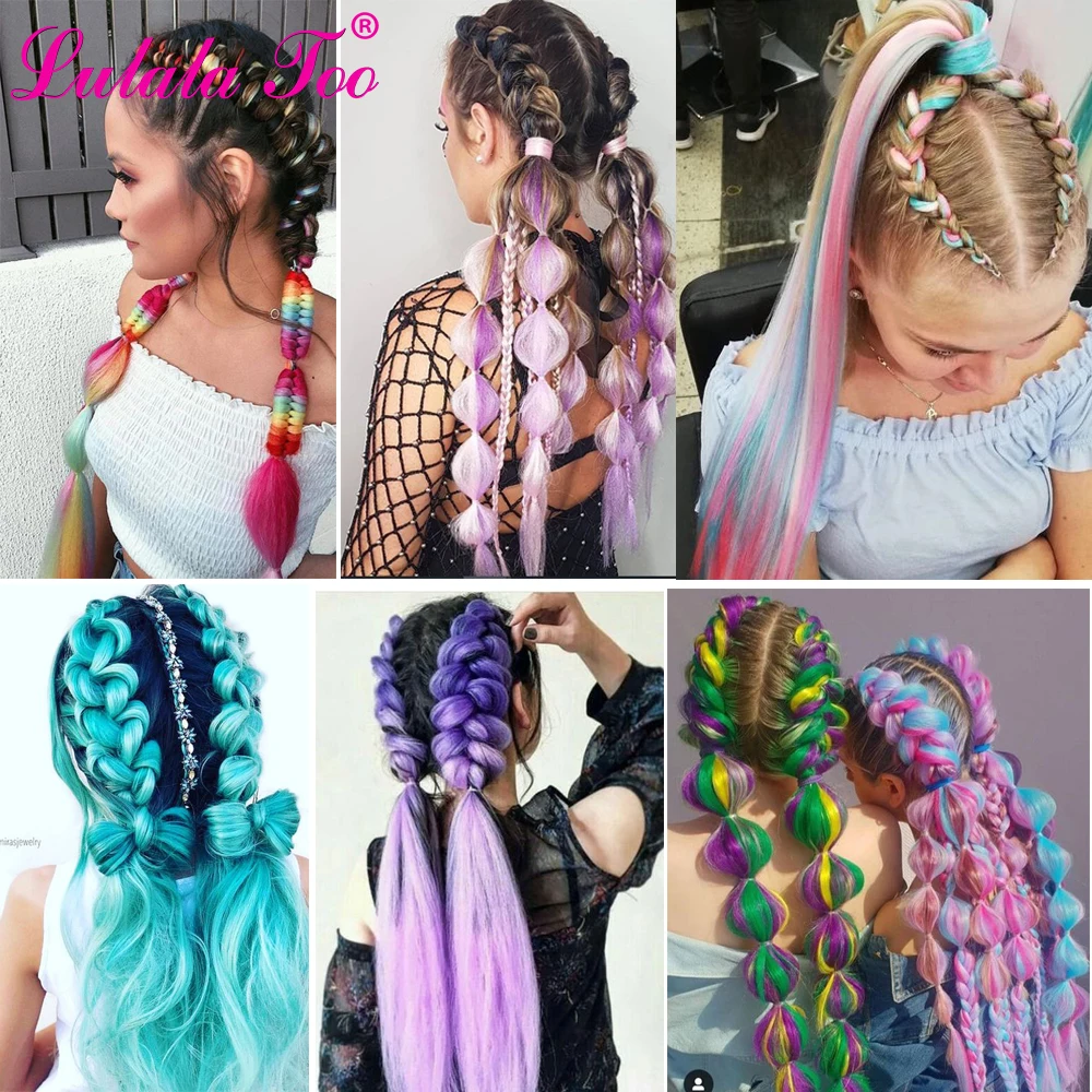 24inch Synthetic Jumbo Box Braid Hair Extensions For Child Women Rainbow Gray Green Pre Stretched Yaki Ombre Wholesale 100g