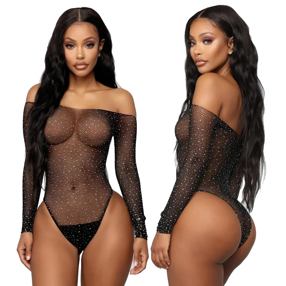 

BKLD Diamond Decoration Body Suit For Women New 2023 Autumn Clubwear Sexy Off Shoulder See Through Long Sleeve Black Bodycon Top