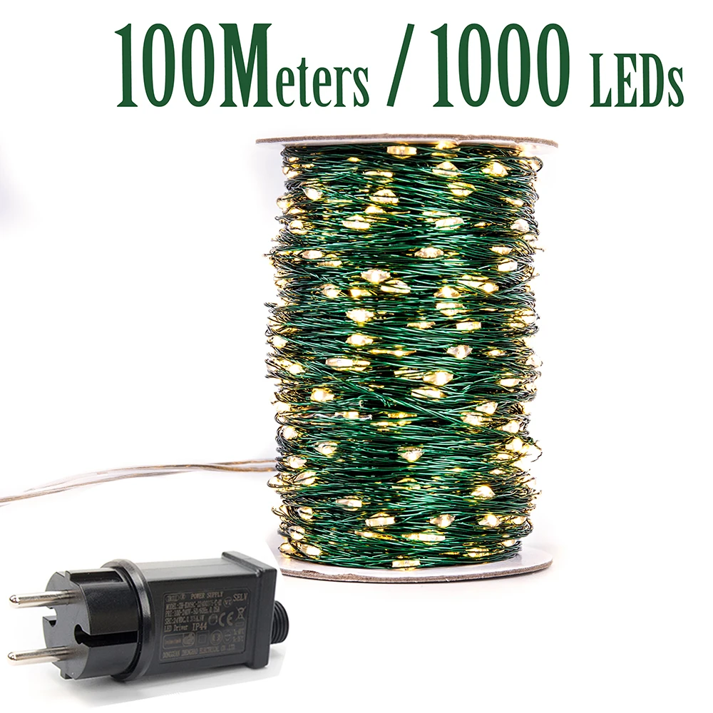 100M LED String Lights Green Wire Fairy Lights Warm White Garland for Outdoor Home Wedding Christmas Party Garden Decoration