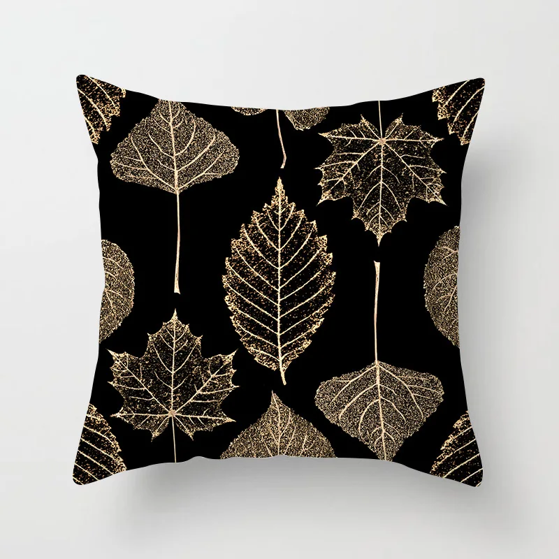 Modern Geometric Gold Black Cushion Cover Gold Plant Leaves Print Simple Black Pillowcase Sofa Car Seat Decorative Throw Pillows