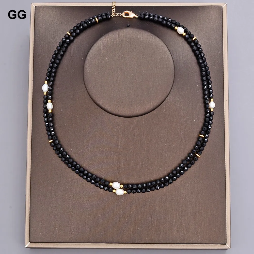 GG 2 Rows Natural Faceted Round Black Onyx Cultured White Rice Pearl Choker Necklace 17