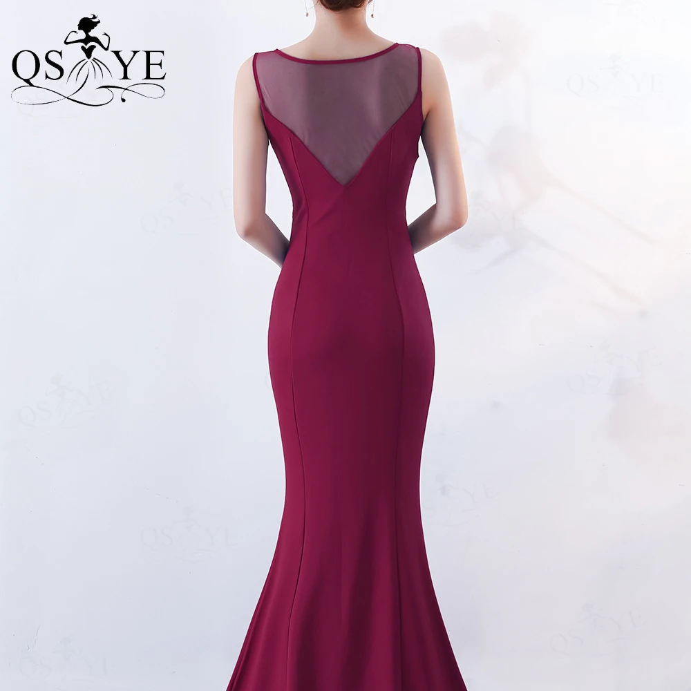 Burgundy Prom Dress Bead Lace Appliques Princess Party Gown Sleeveless Mermaid Stretchy Scoop Neck Evening Formal Dress Illusion