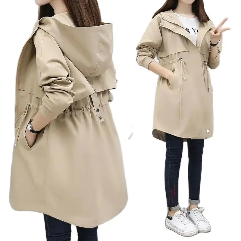 

Fashion Women's Jacket New 2021 Spring Autumn Loose Mid-Long Hooded Drawstring Casual All-Match Ladies Windbreakers Coats