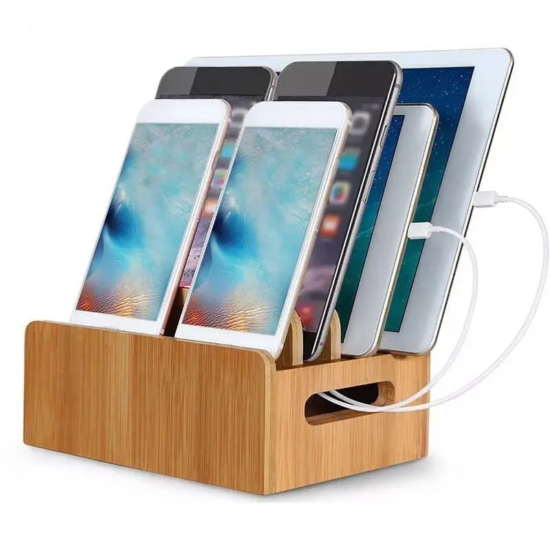 Bamboo Holder for iPhone Stand for Samsung Phone Cords Charging Station Docks Organizer for Smart Phones and Tablets USB Charger