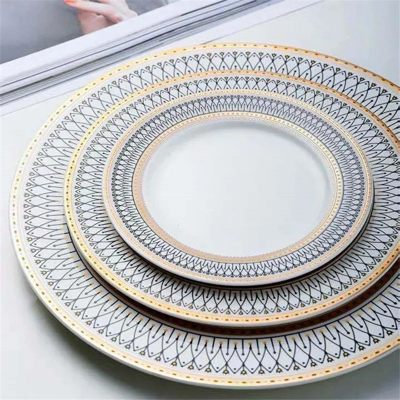 Bone China Dinner Plate Ceramic Tableware Set Black Line Decoration Western Food Tray Circular Golden Edge Salad Dish Porcelana