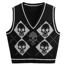 Y2K Gothic Knit Sweater Vest Skull Argyle Print Pattern Knitwear V-neck Pullover Fashion Jumper Top Women Halloween Streetwear