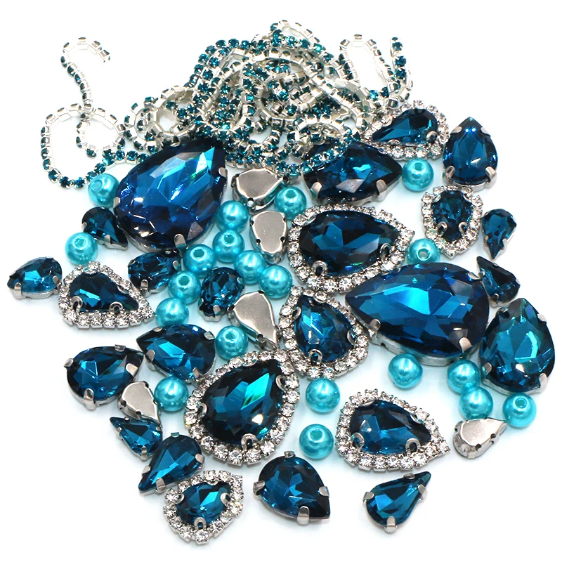 Wedding Decoration Teardrop Peacock blue Mix Size Glass Crystal Stones Pearl Beads Cup Chain Rim Rhinestones Sew On Clothing