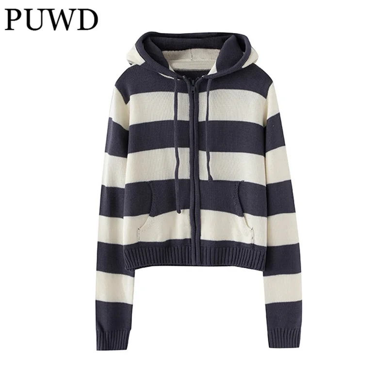 PUWD Casual Women Striped Hooded Cardigan Sweater 2022 Autumn Fashion Ladies Pocket Knitwear Top Girls Chic Knitted Outwear