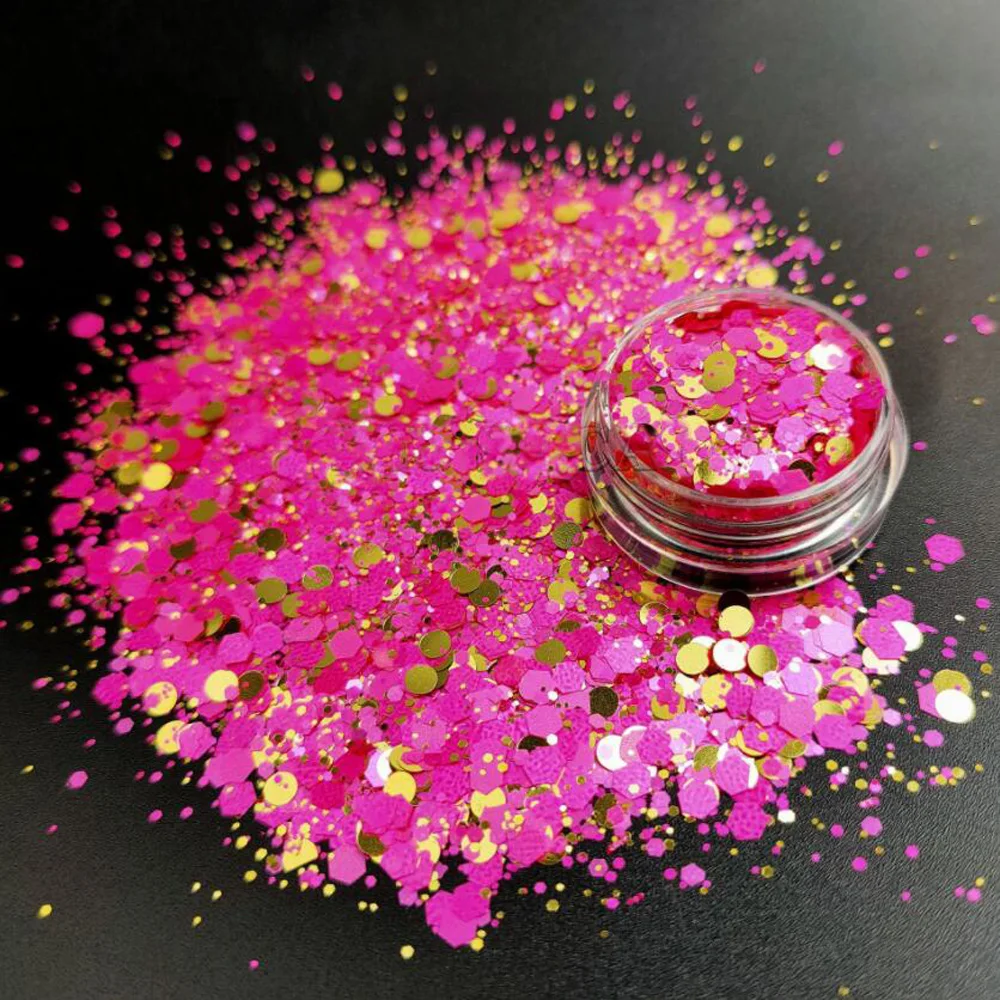 50g/Pack Exclusive Nail Art Sequins Matte Hexagon+Gold Round Mix Pink/Purple/Lavender/Gold Chunky Blend Glitter Flakes Te#013