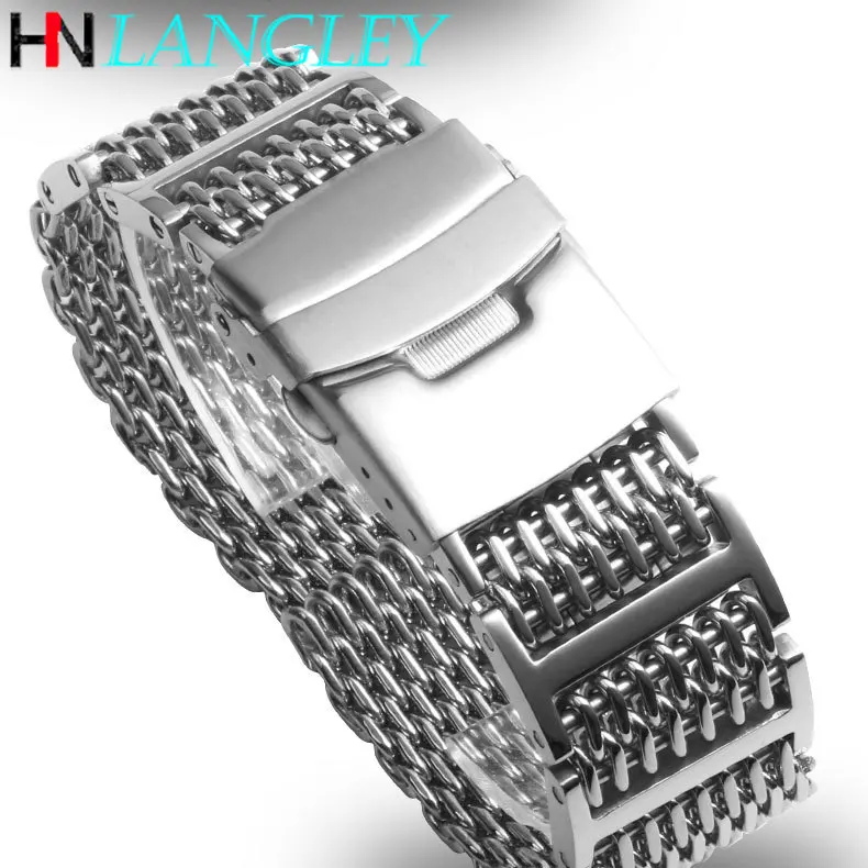 Stylish Stainless Steel Bracelet Straps Shark Mesh H-Link Watch Band Bracelet Metal Mesh Band Double Deployment Clasp 20/22/24mm