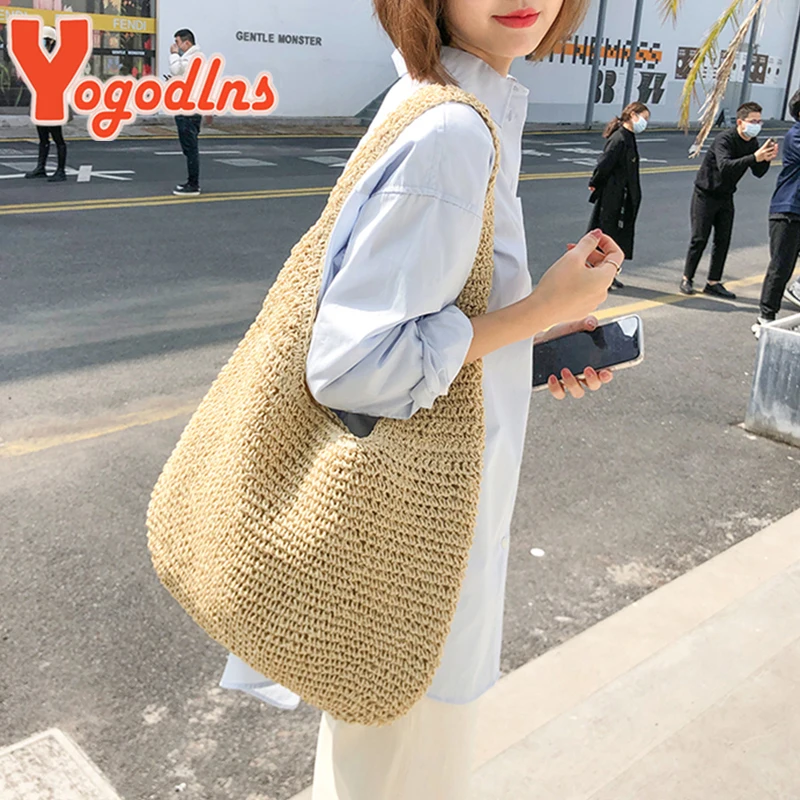 Yogodlns Summer Straw Bag For Women Woven Handmade Handbag Large Capacity Lady Tote Vacation Beach Bag Rattan Shoulder Bag Bolsa