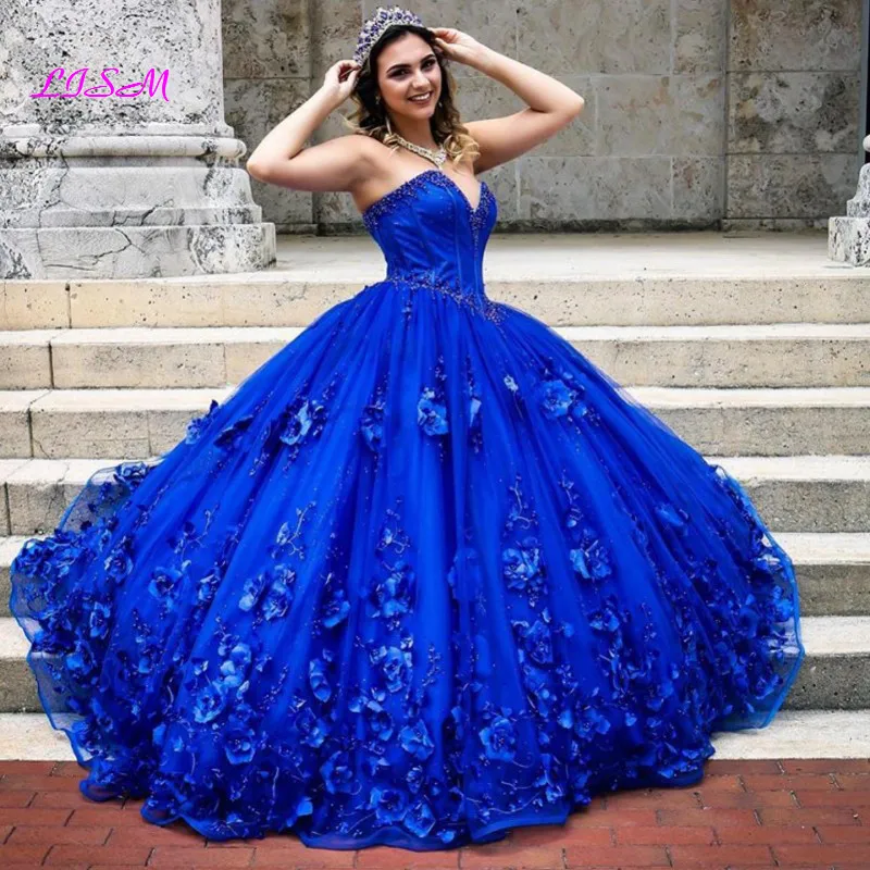 Royal Blau Quinceanera Kleid 2021 Schatz Pailletten Perlen Blumen Prinzessin Party Süße 16 Ballkleid Vestidos De 15 Años