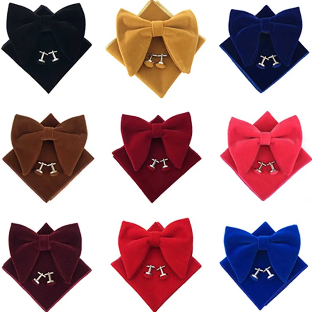 

Men Solid Big Velvet Bow Tie Cufflinks Pocket Square Set Bowtie Hanky Cuff Links BWTQN0303