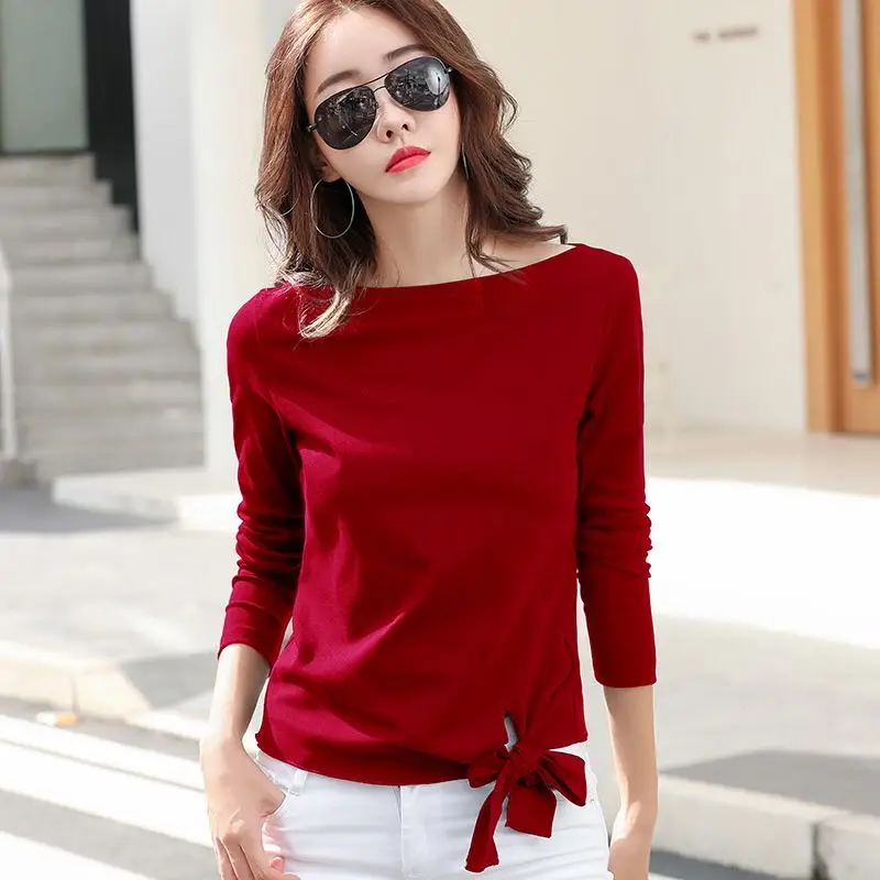 Women's Long Sleeve Tshirts Slash Neck Sweet Bow Solid Tees Lady Girl Fashion Black White Casual Basic Tops T-shirts