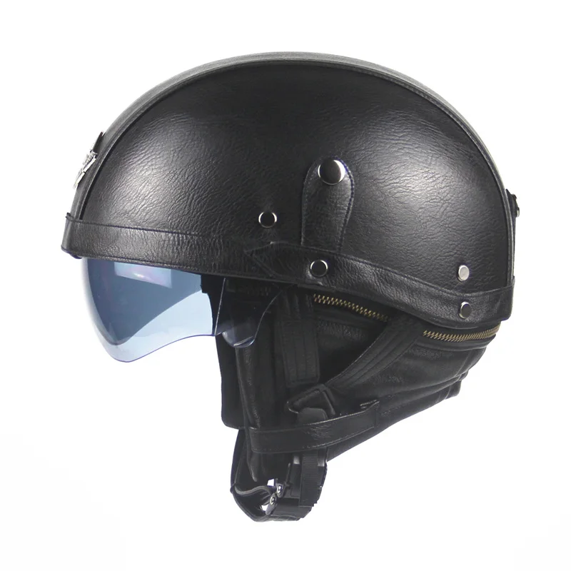 Motorcycle Helmet Visor with Collar, Half PU Leather, Retro, Open Face, Dual Lens, Sports Helmets, Motorbike Rider