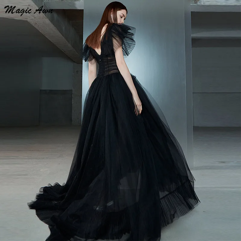 Magic Awn abiti Da Sposa Vintage in Tulle nero scollo a v maniche a cappuccio Illusion Boho abiti Da festa di nozze Abito Da Sposa personalizzato