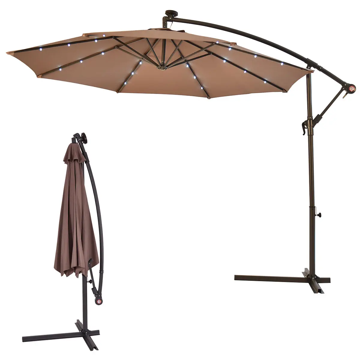 Costway 10' Hanging Solar LED Umbrella Patio Sun Shade Offset Market W/Base Tan OP3154TN