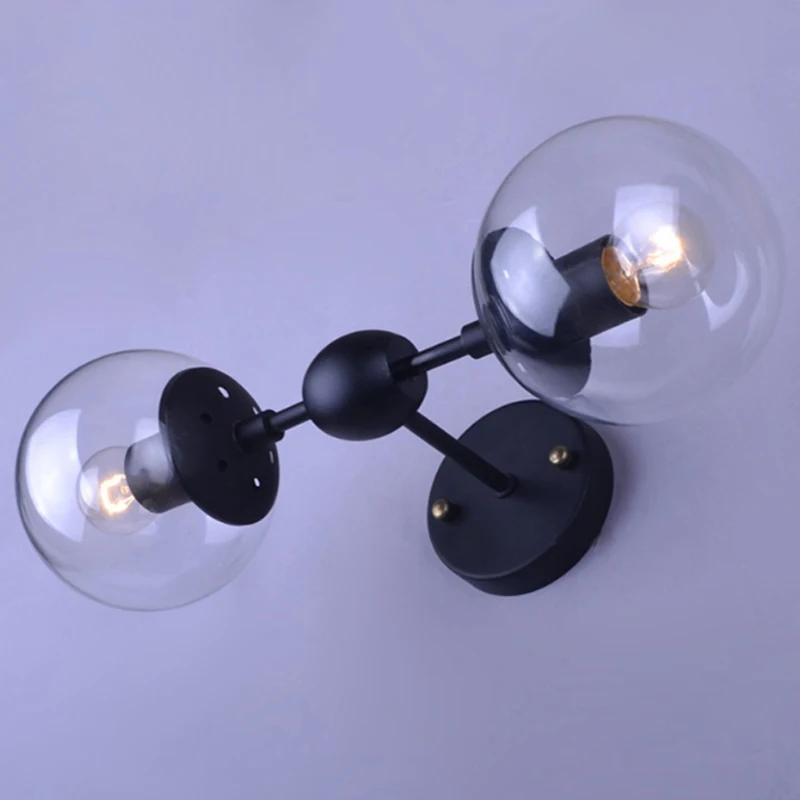 European Creative Art Simple Black Iron Wall Lamp DIY Retro Industrial Magic Beans Molecular Amber Glass Ball Wall Sconce Lamp